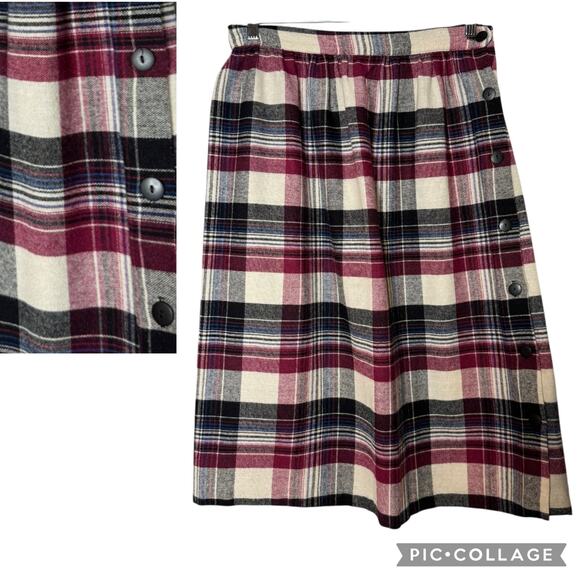 1980s American Plaid Wool-Blend Midi Skirt w/ Side Buttons
 size medium - Picture 2 of 15